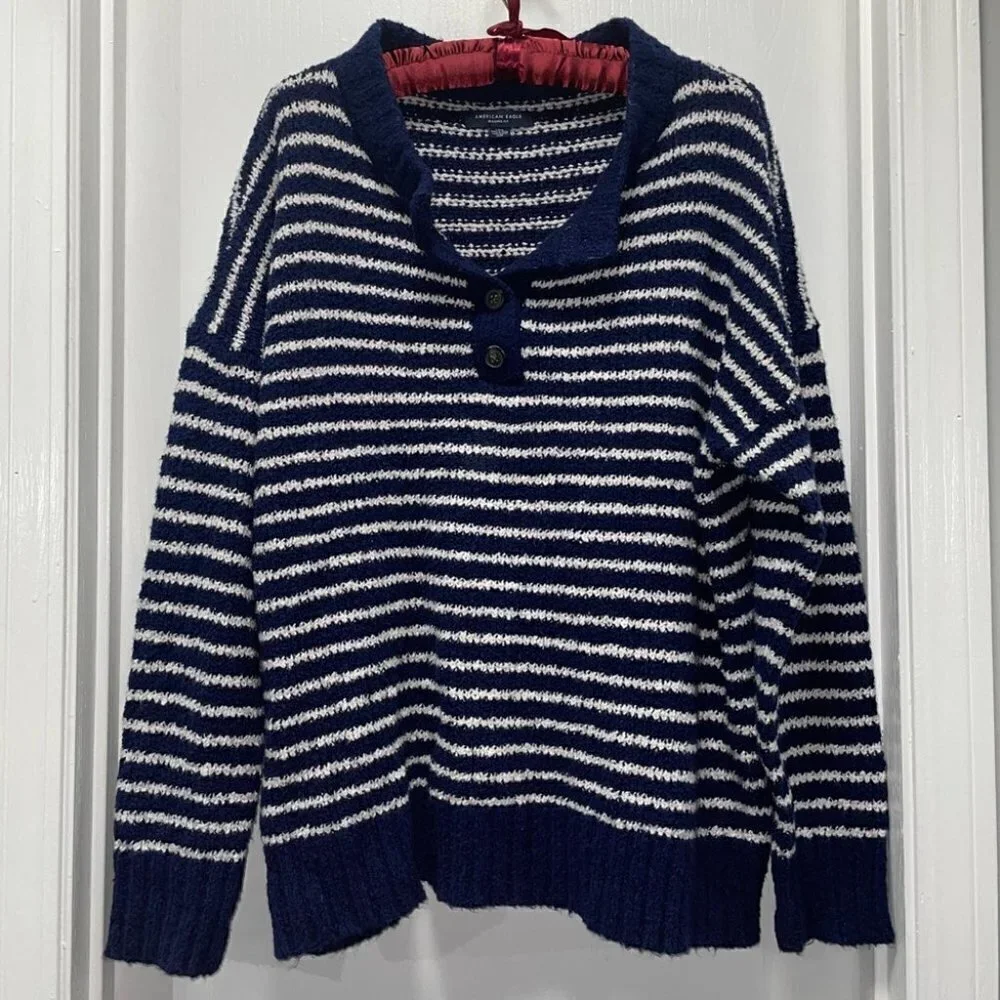 American Eagle Sweater Jegging Fit Oversized Striped Pullover Henley Boxy Top L